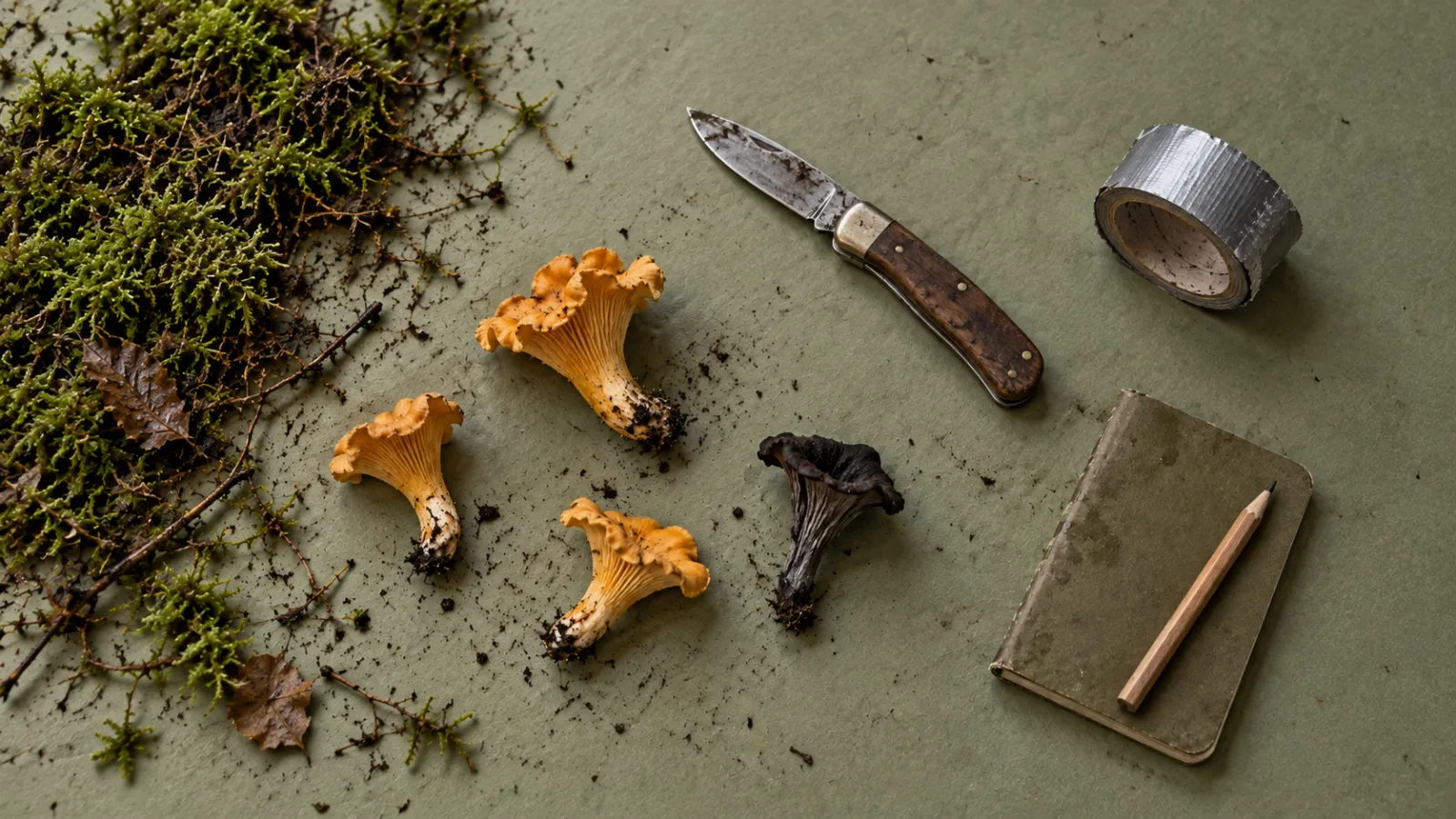 Illustrative foraging kit: folding knife, duct tape, notebook and pencil beside chanterelles, a black trumpet and damp moss
